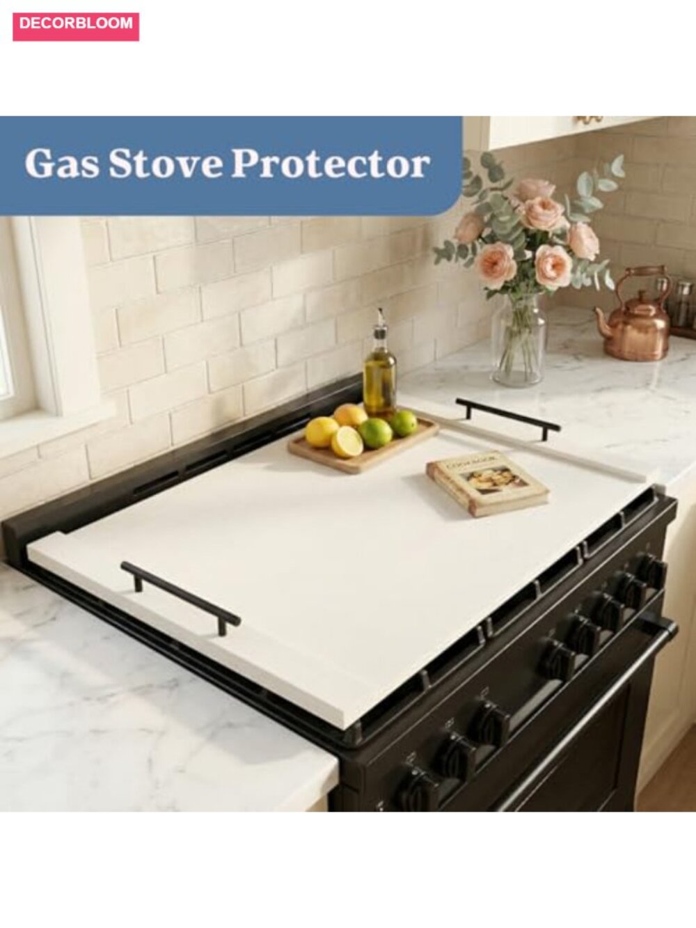 White Stove Top Cover for Gas & Electric Range, Farmhouse Noodle Board with - Picture 3 of 5